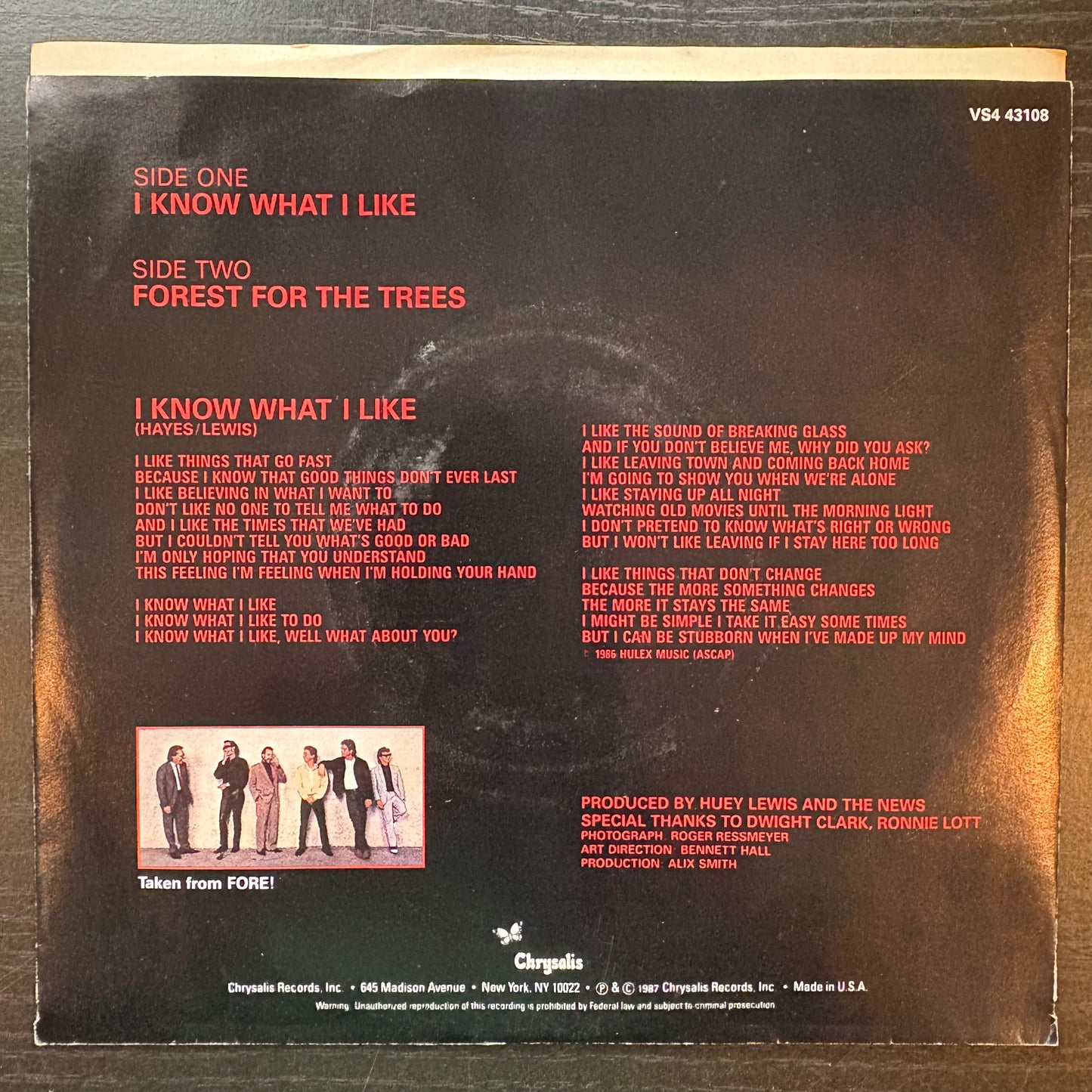 Huey Lewis & The News, "I Know What I Like" (7") [VG+ Used]