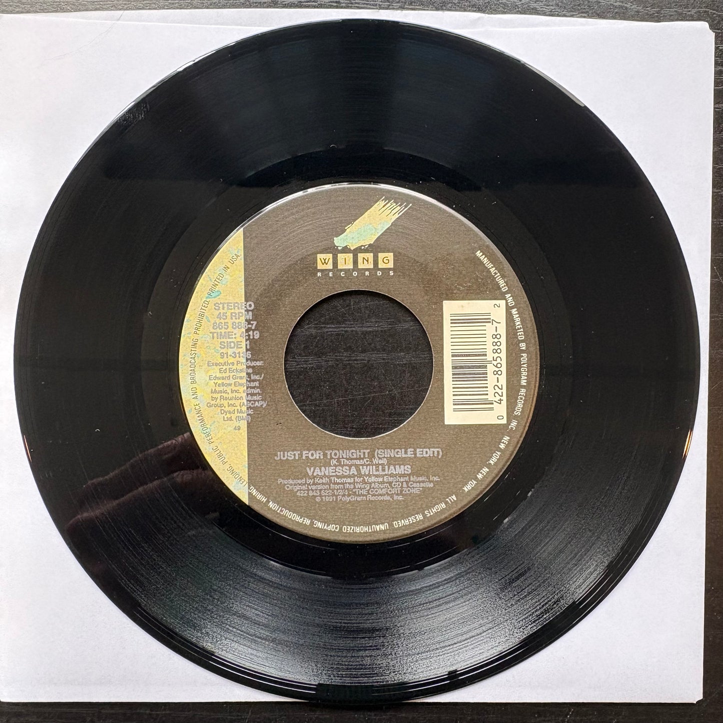 Vanessa Williams, "Just For Tonight" (7") [VG+ Used]