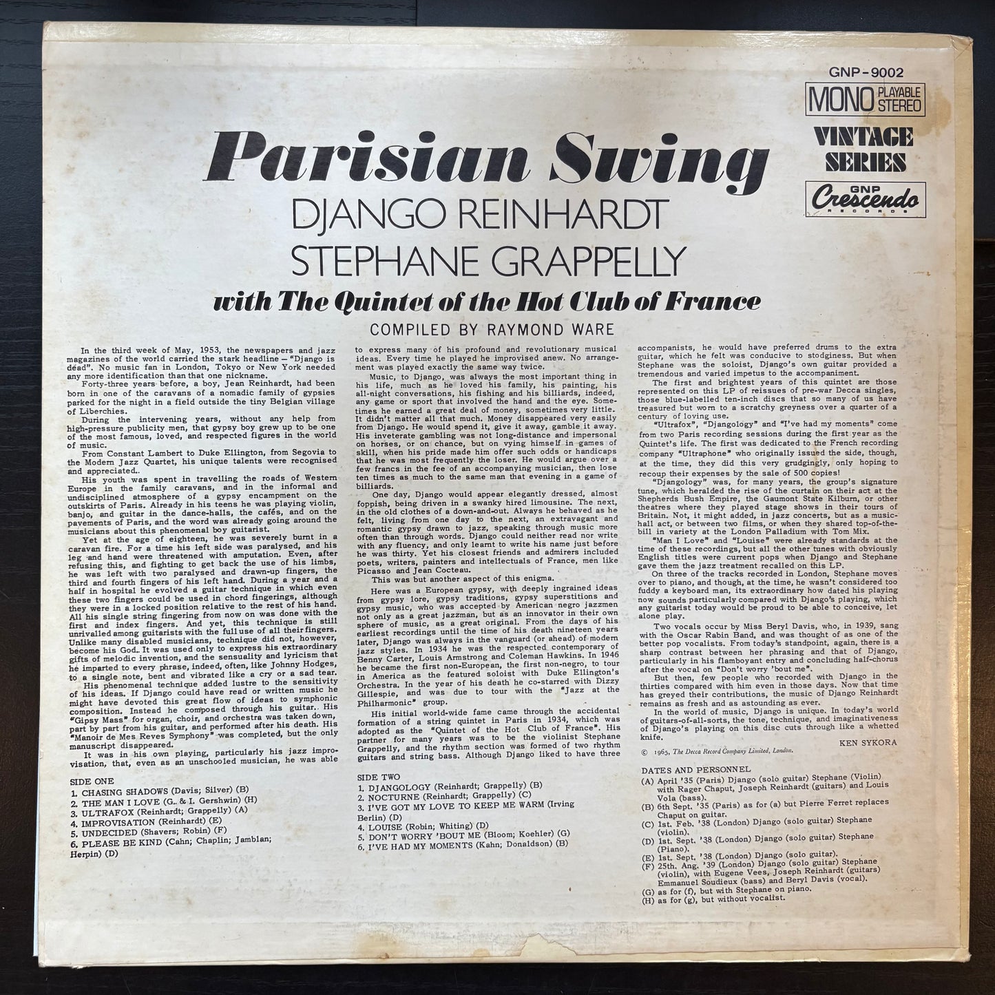 Django Reinhardt & Stephanie Grappelly (Grappelli), "Parisian Swing" (Mono) [VG- Used]