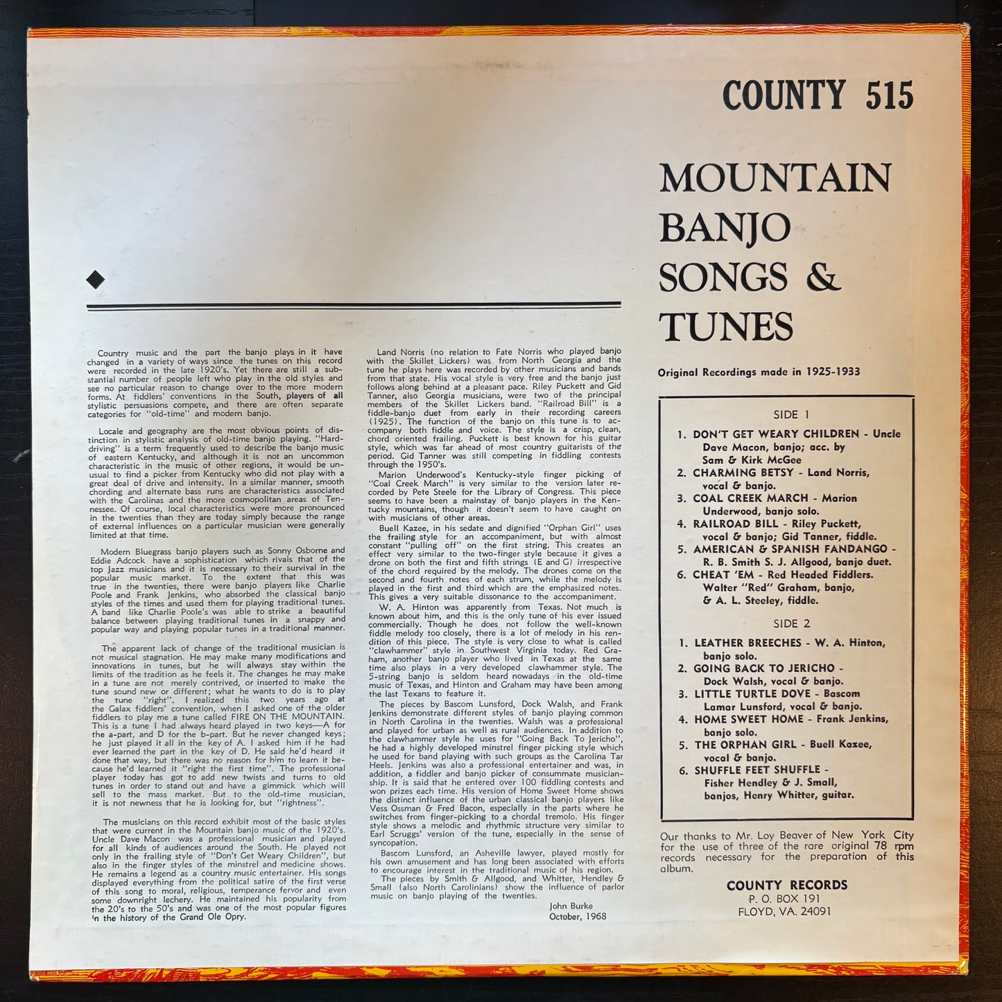 Various Artists, "A Collection of Mountain Banjo Songs & Tunes" [VG+ Used]
