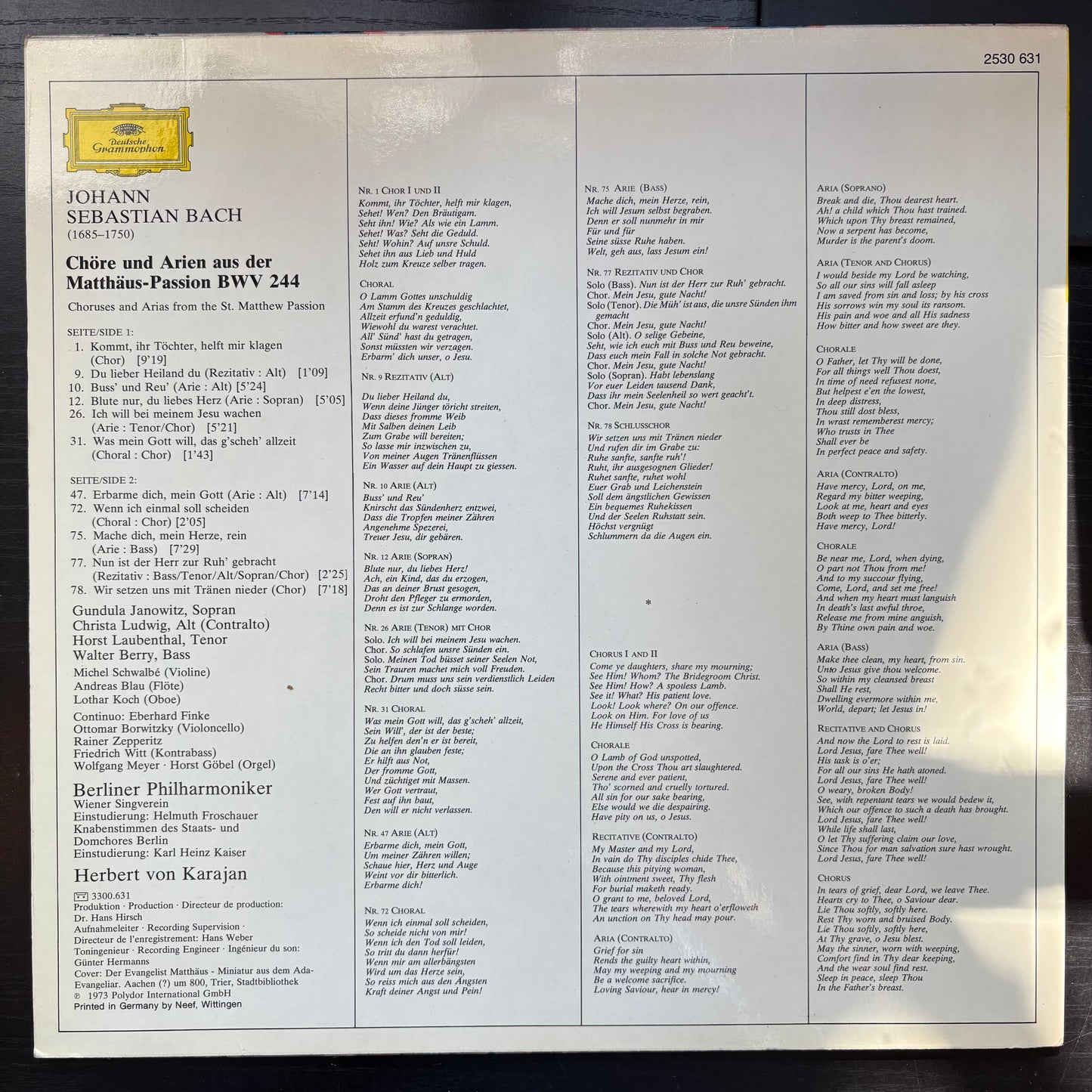 Johann Sebastian Bach / Herbert Von Karajan, "Choruses and Arias from the St. Matthew Passion" [VG+ Used]