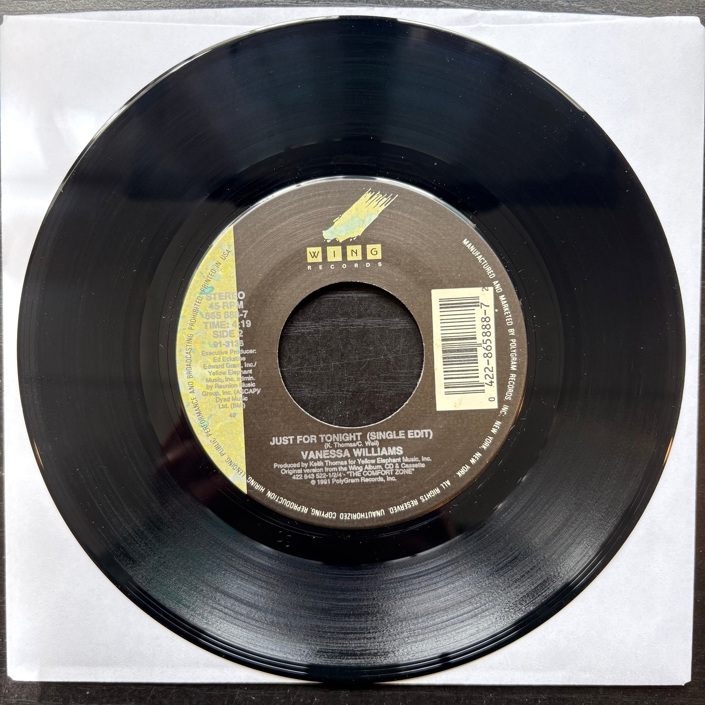 Vanessa Williams, "Just For Tonight" (7") [VG+ Used]