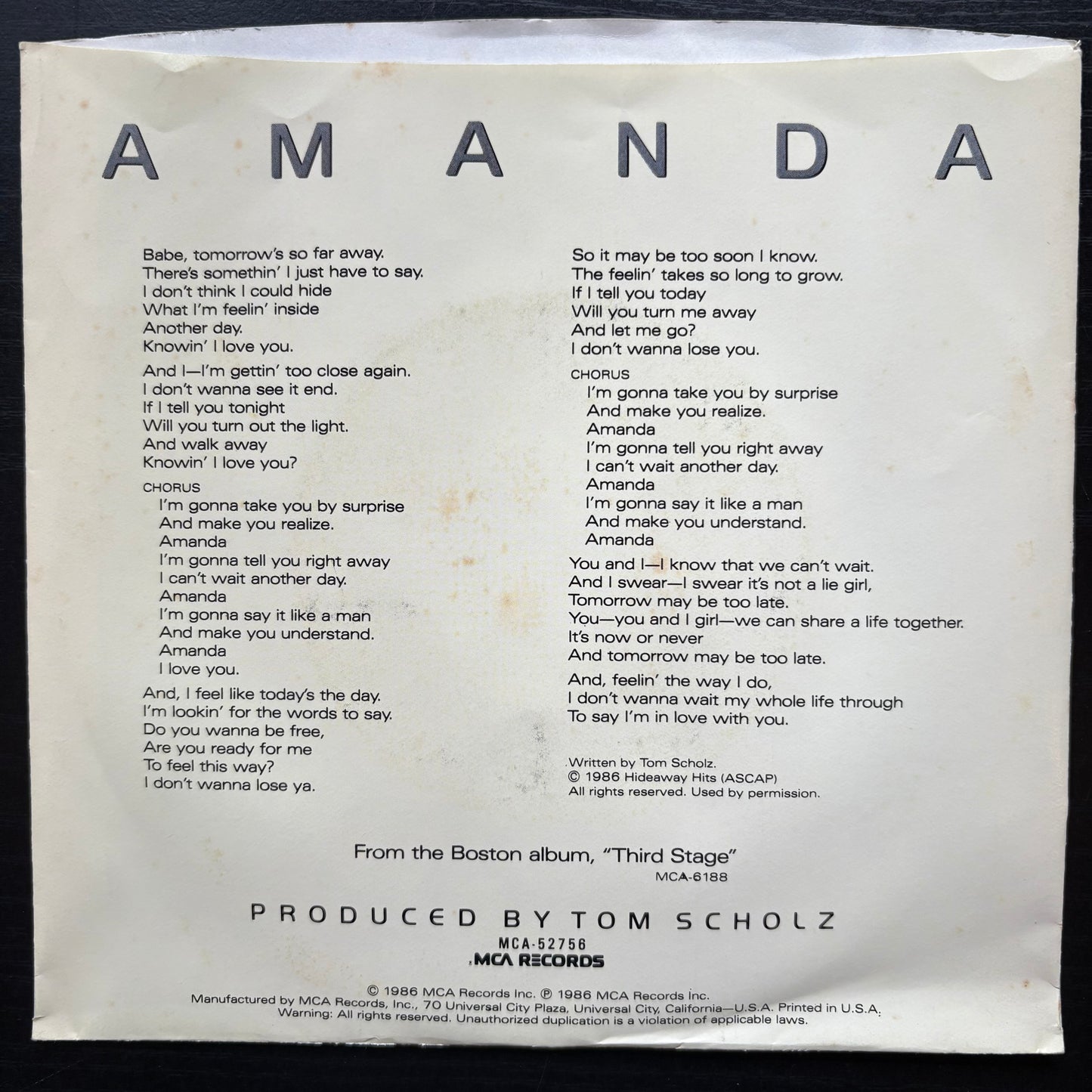 Boston, "Amanda" (7") [VG+ Used]