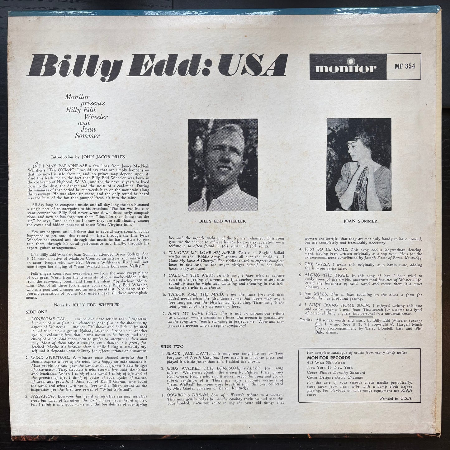 Billy Edd Wheeler & Joan Sommer, "Billy Edd: USA" [VG Used]