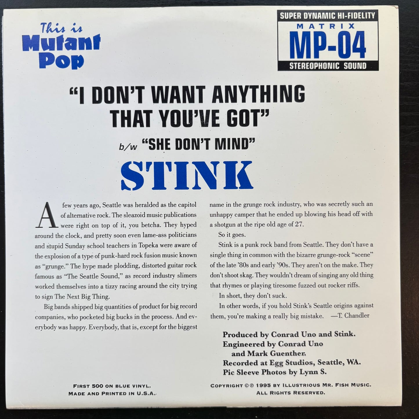 Stink, "I Don't Want Anything That You've Got" (Blue Vinyl) (7") [EX Used]