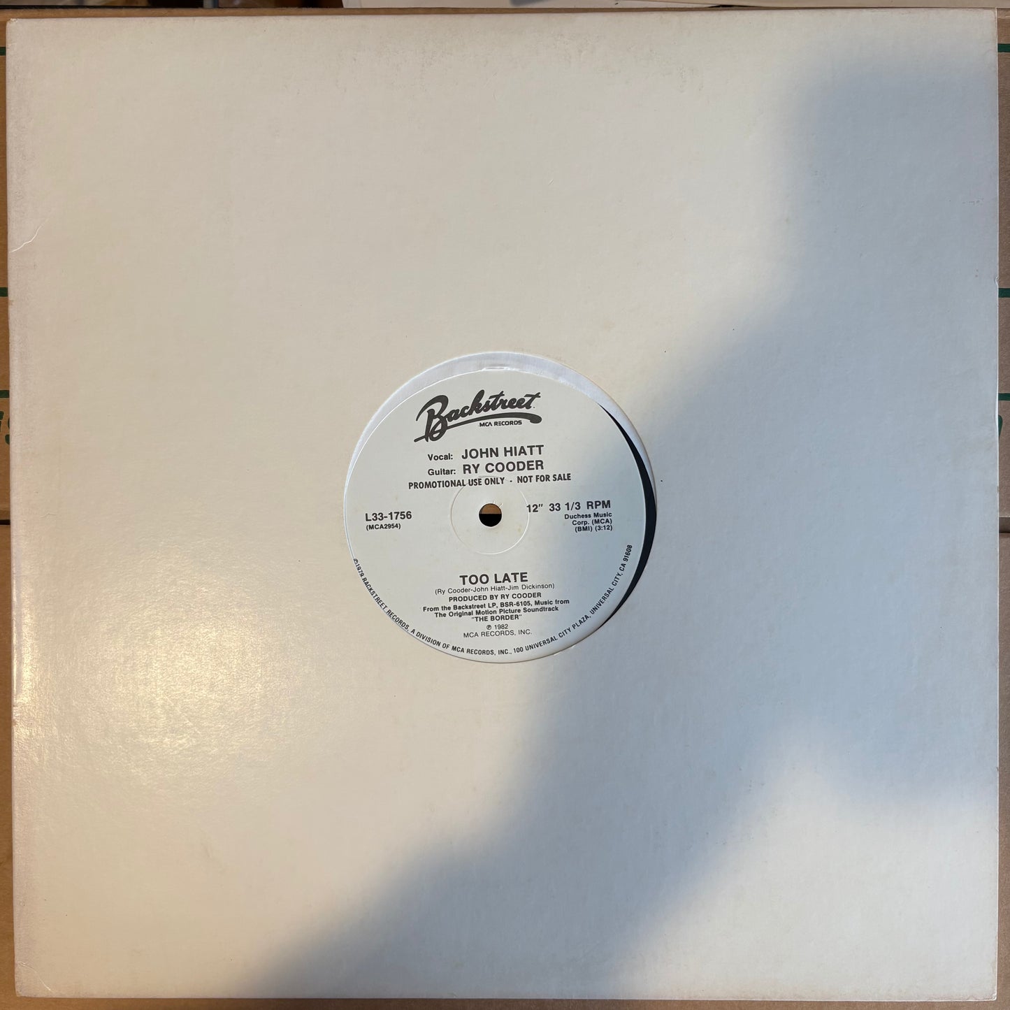 John Hiatt / Ry Cooder, "Too Late" (Promo 12") [VG Used]