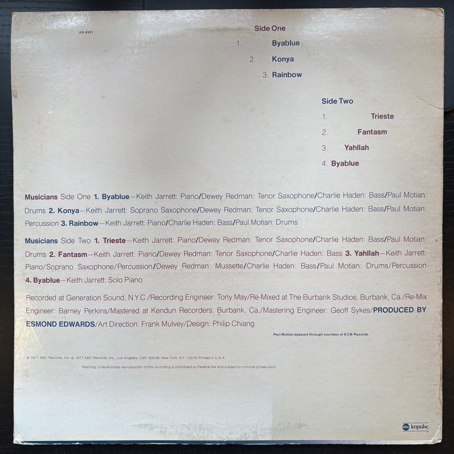 Keith Jarrett, "Byablue" [VG Used]