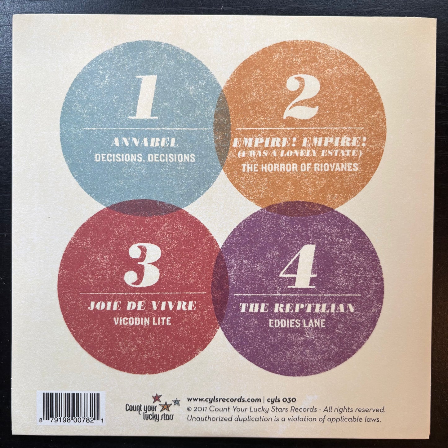 Annabel / Empire! Empire! (I Was a Lonely Estate) / Joie De Vivre / The Reptilian, "Four Way Split" (7" EP) (Clear with Blue, Purple & Yellow) [VG Used]