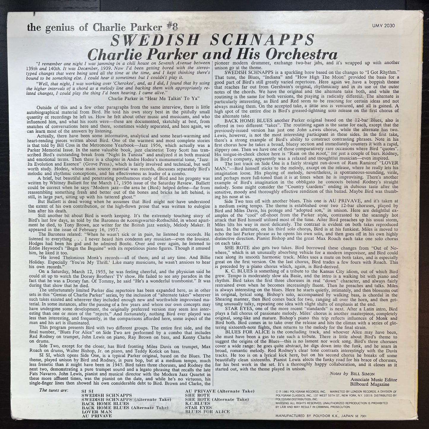 Charlie Parker & His Orchestra, "Swedish Schnapps" (Japanese Mono) [VG Used]