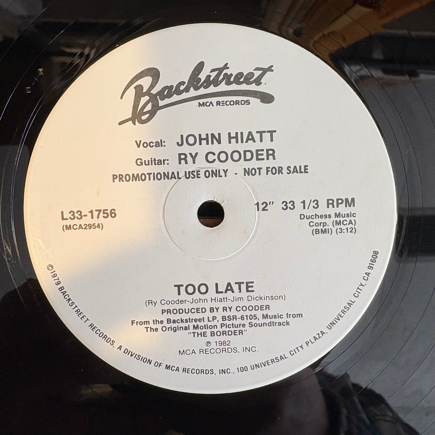 John Hiatt / Ry Cooder, "Too Late" (Promo 12") [VG Used]