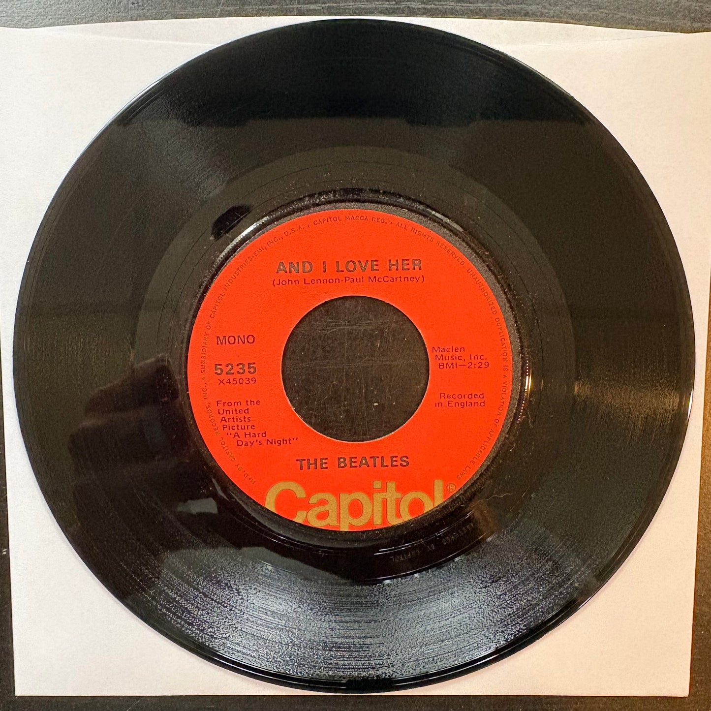 Beatles, "And I Love Her" (7") (Mono) [VG Used]
