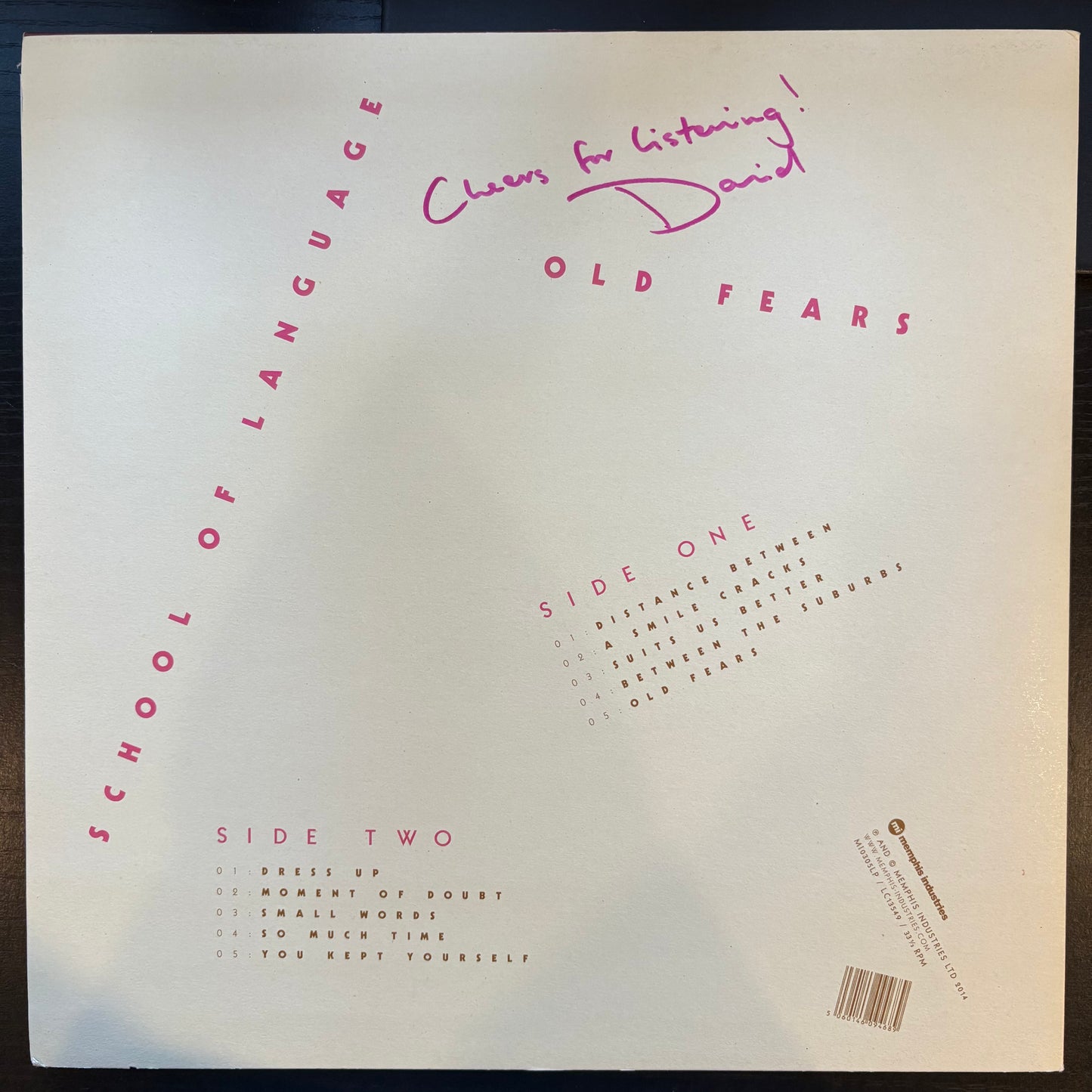 School of Language, "Old Fears" (Signed) (Pink Vinyl) [VG+ Used]